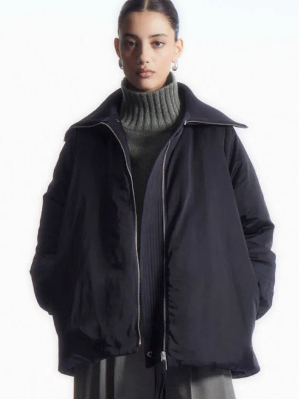 COS Navy Down Puffer Jacket Oversized Zip Ribbed High Collar Size XS